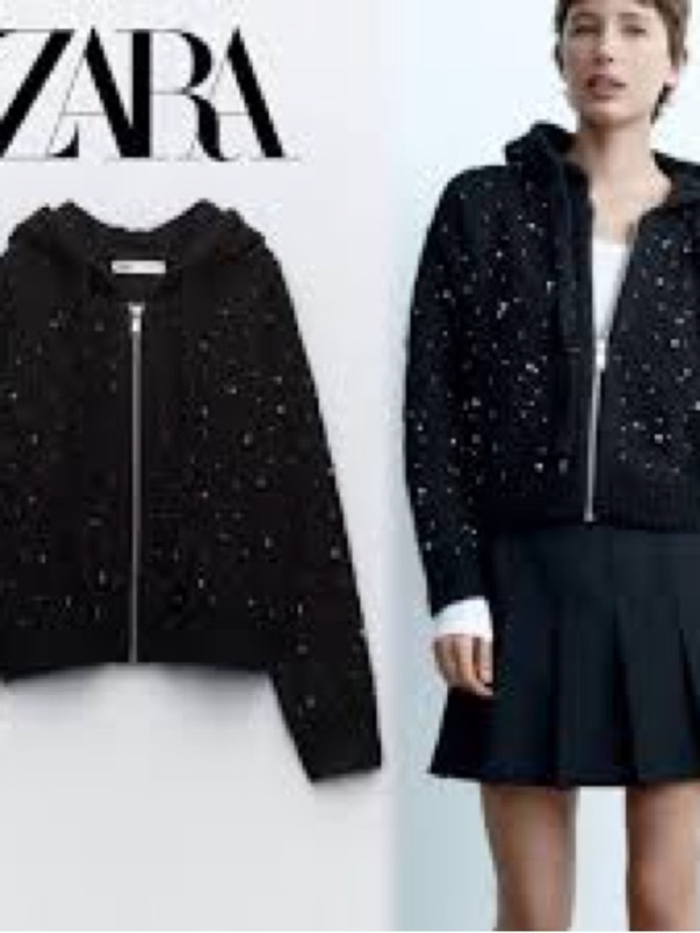 ZARA | Black Beaded Zip Sweater Hoodie Style